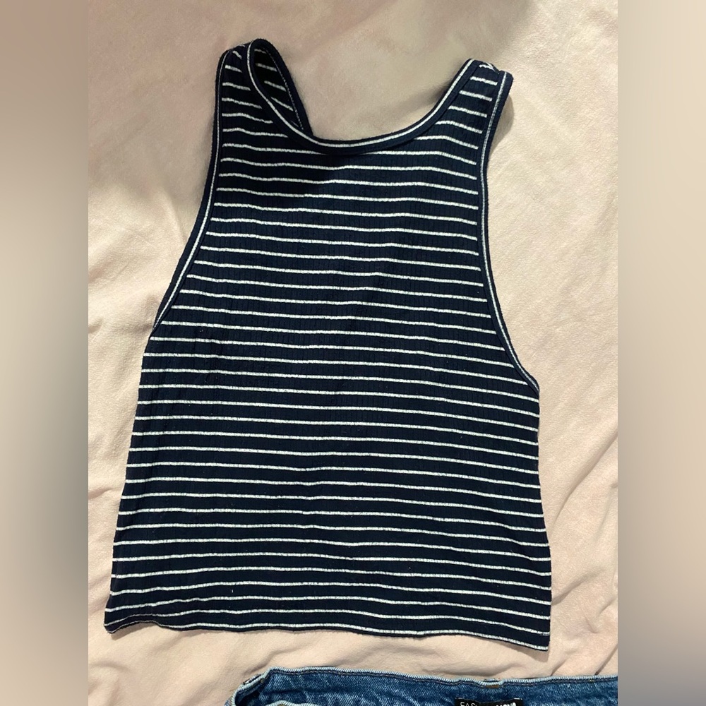 Half Stripped Navy Blue Tank Top